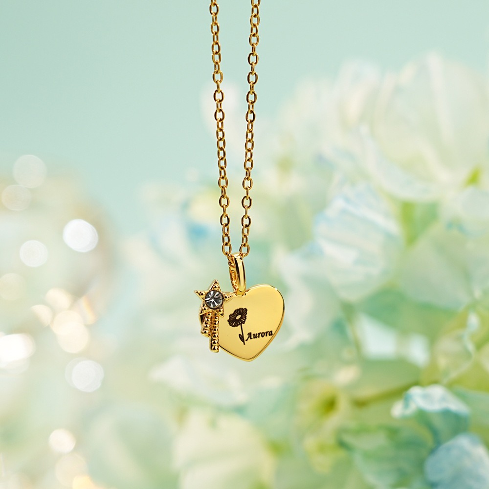 Stainless steel name necklace with a cubic zirconia birthstone flower pendant