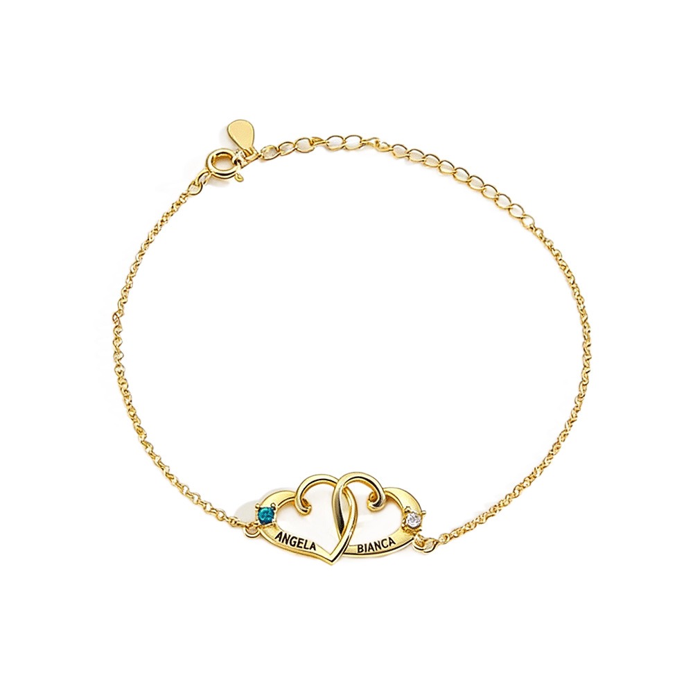 Personalized double heart bracelet with two engraved names and two birthstone accents in rose gold tone