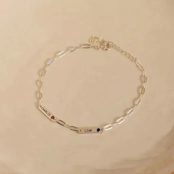Stainless steel name bar bracelet with birthstone and single-line engraving