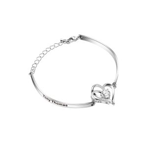 Stainless steel bracelet with two CZ heart charms engraved with names and birthstones — Silver Tone