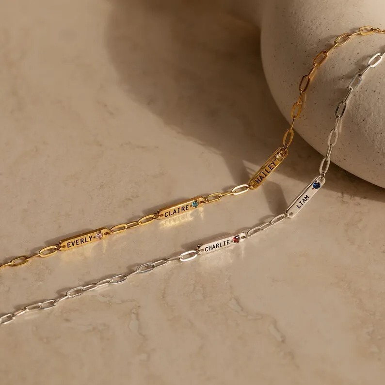 Stainless steel name bar bracelet with birthstone and single-line engraving