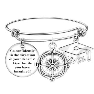 Titanium steel bracelet with a heart charm, engraved name and birthstone, graduation cap style — Graduation Cap