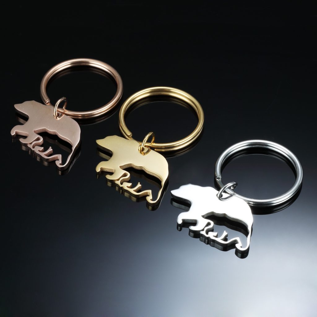 Stainless steel bear mom keychain with a single-line engraving and a birthstone accent