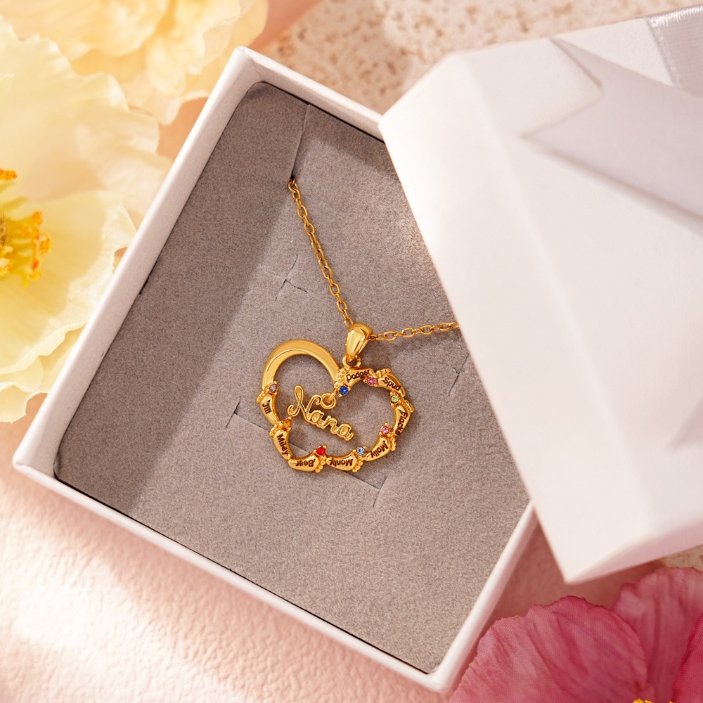 Baby feet necklace with a Grandma pendant, engraved name and birthstone on a stainless steel chain