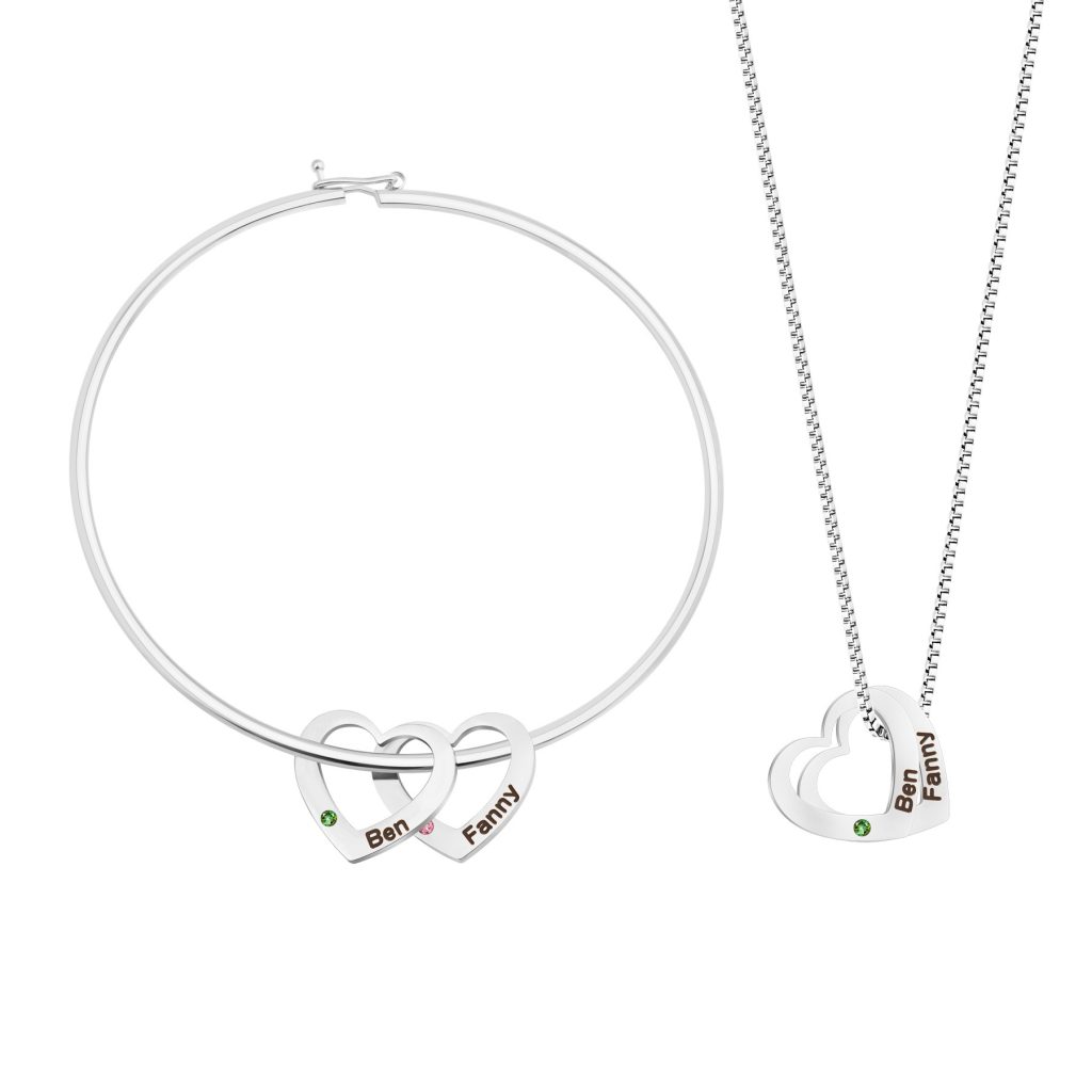 Heart charm bracelet with two engraved names and two birthstone accents
