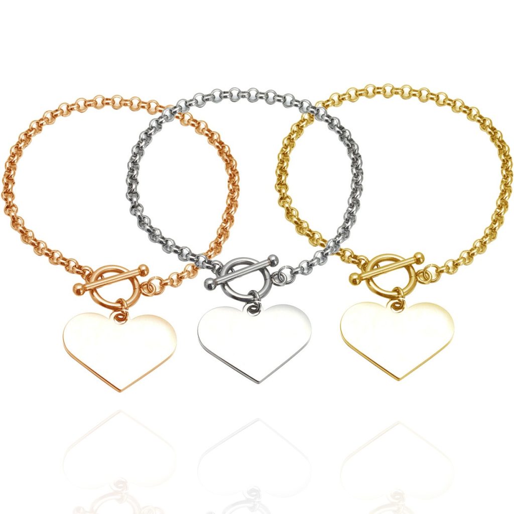 Double sided photo heart bracelet with engraved message in rose gold
