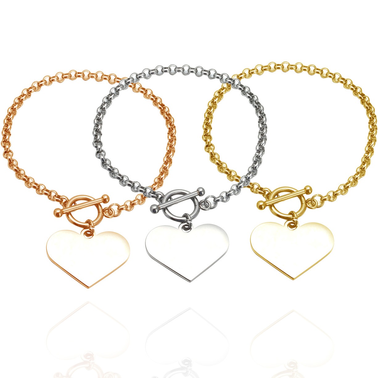 Double sided photo heart bracelet with engraved message in rose gold