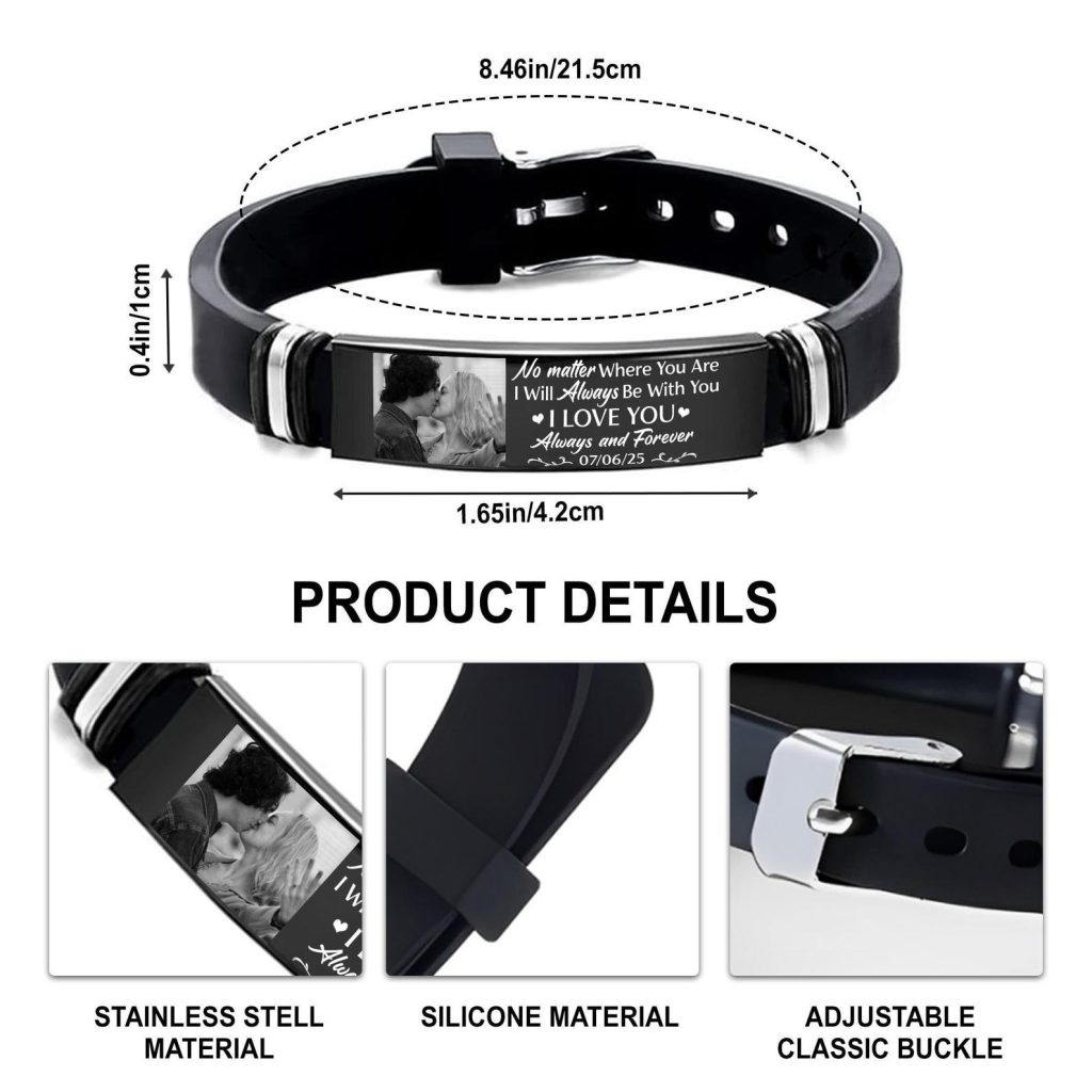 Black stainless steel photo cuff bracelet showing a custom photo on the top plate