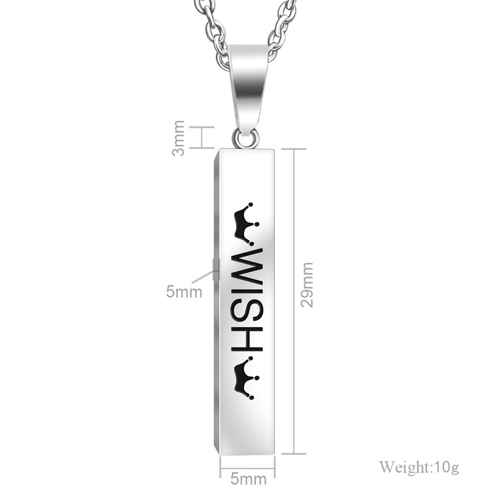 Vertical stainless steel bar necklace with custom single line engraving and optional birthstone, shown in gold tone
