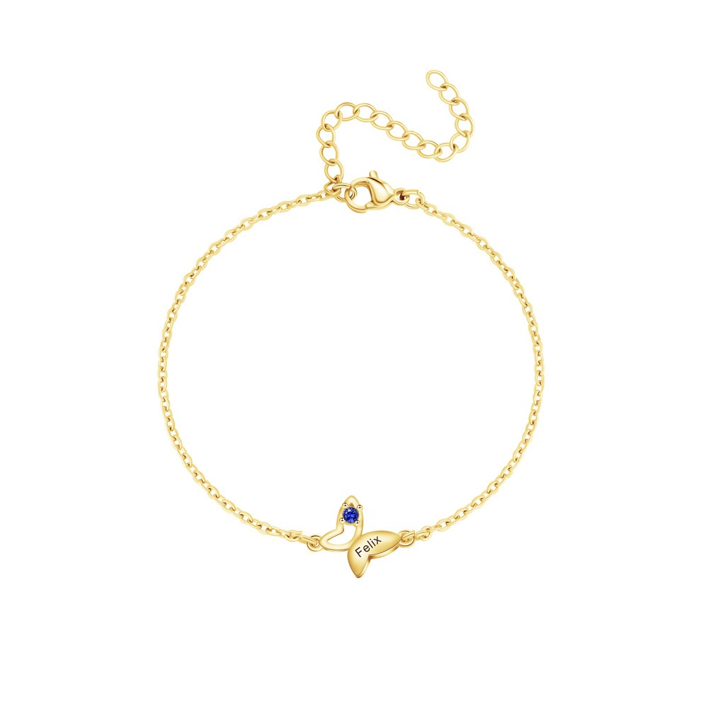 Butterfly bracelet with an engraved name and birthstone accent in gold tone — Gold Tone