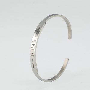Stainless steel C-shape cuff bracelet with custom engraving and a birthstone accent
