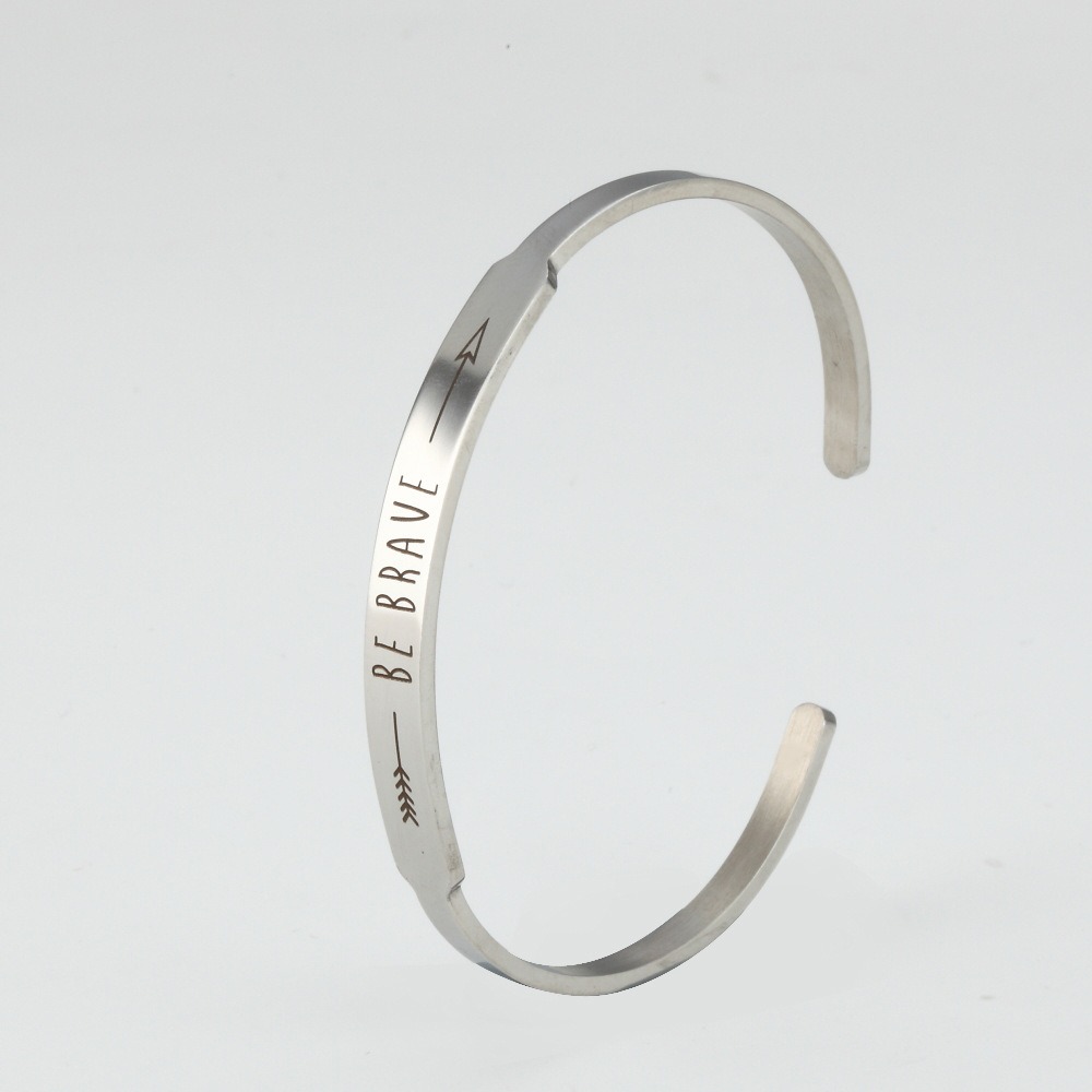 Stainless steel C-shape cuff bracelet with custom engraving and a birthstone accent