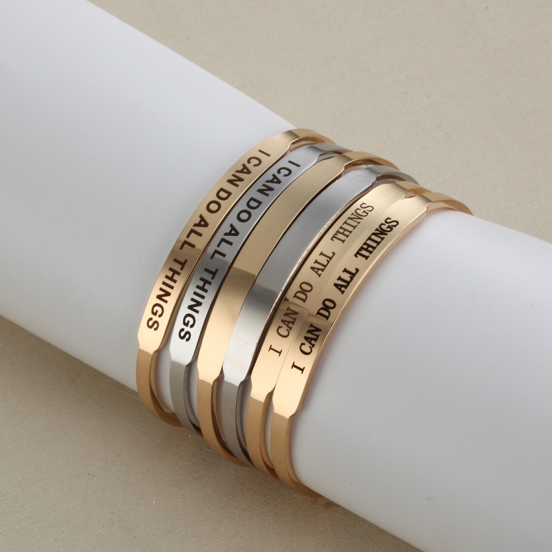 Custom engraved stainless steel C-shaped cuff bracelet with optional birthstone