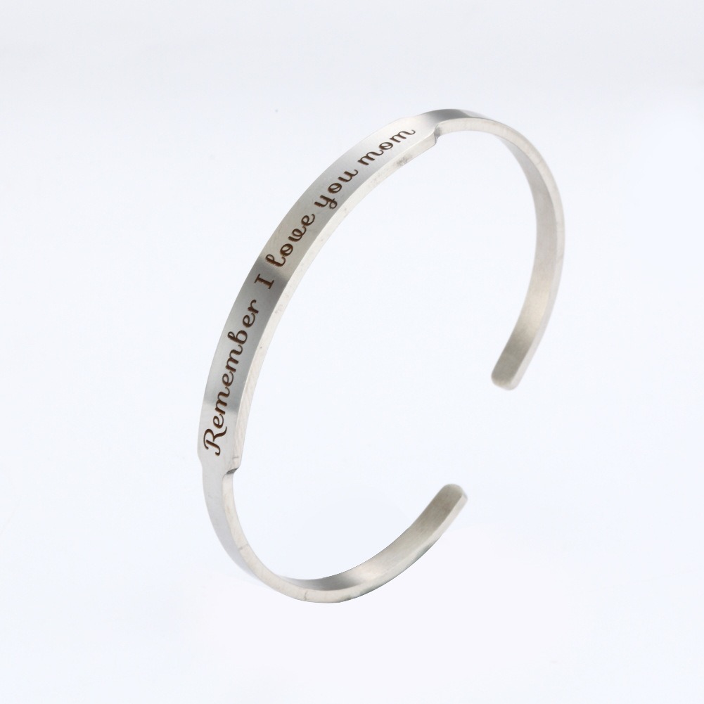 Custom engraved stainless steel C-shaped cuff bracelet with optional birthstone