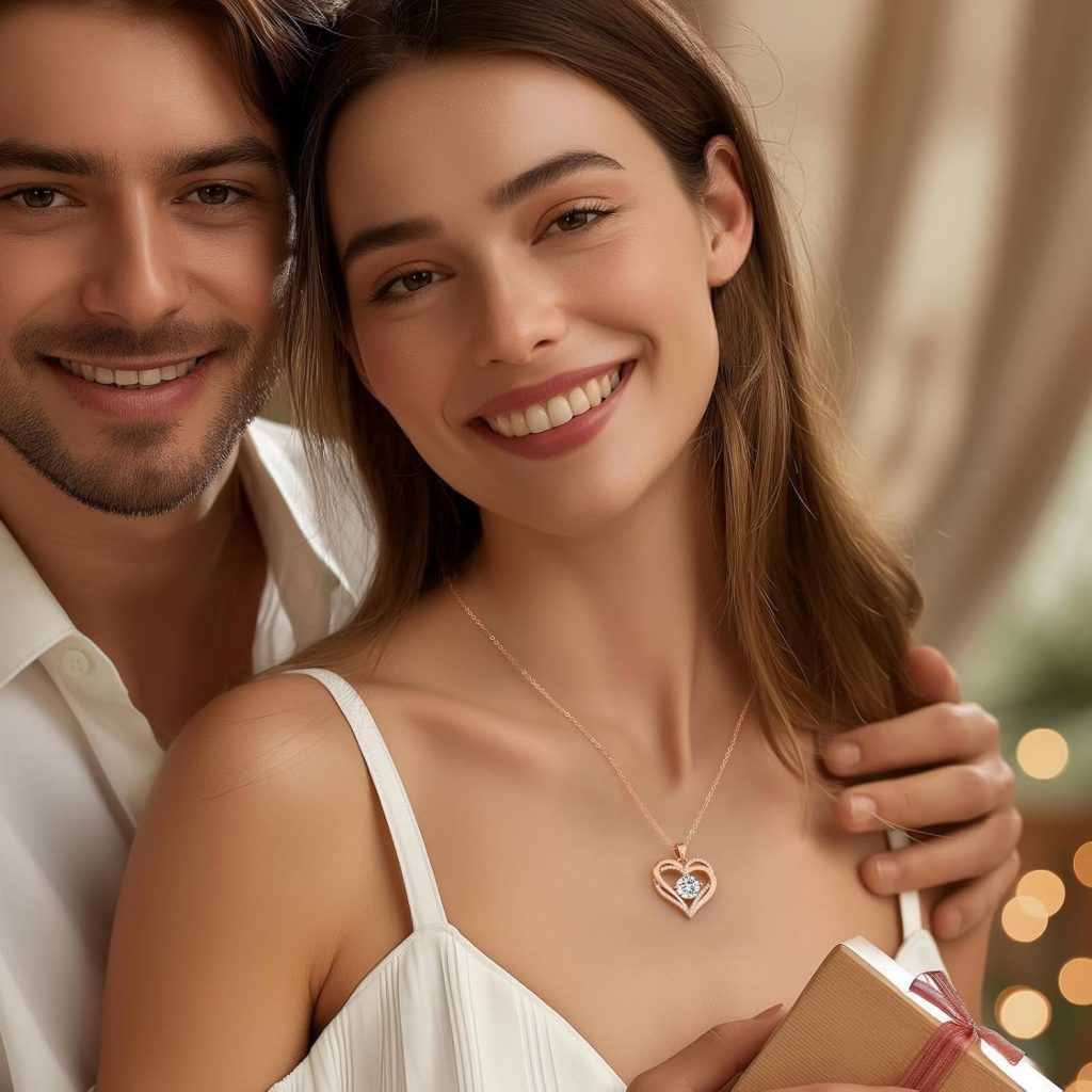Engraved eternity heart pendant necklace with birthstone accent and cubic zirconia stones