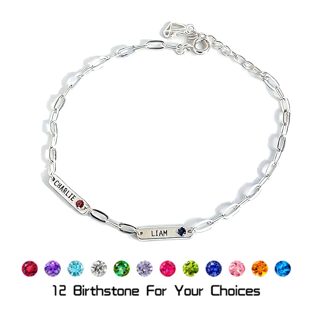 Stainless steel name bar bracelet with birthstone and single-line engraving — Silver Tone