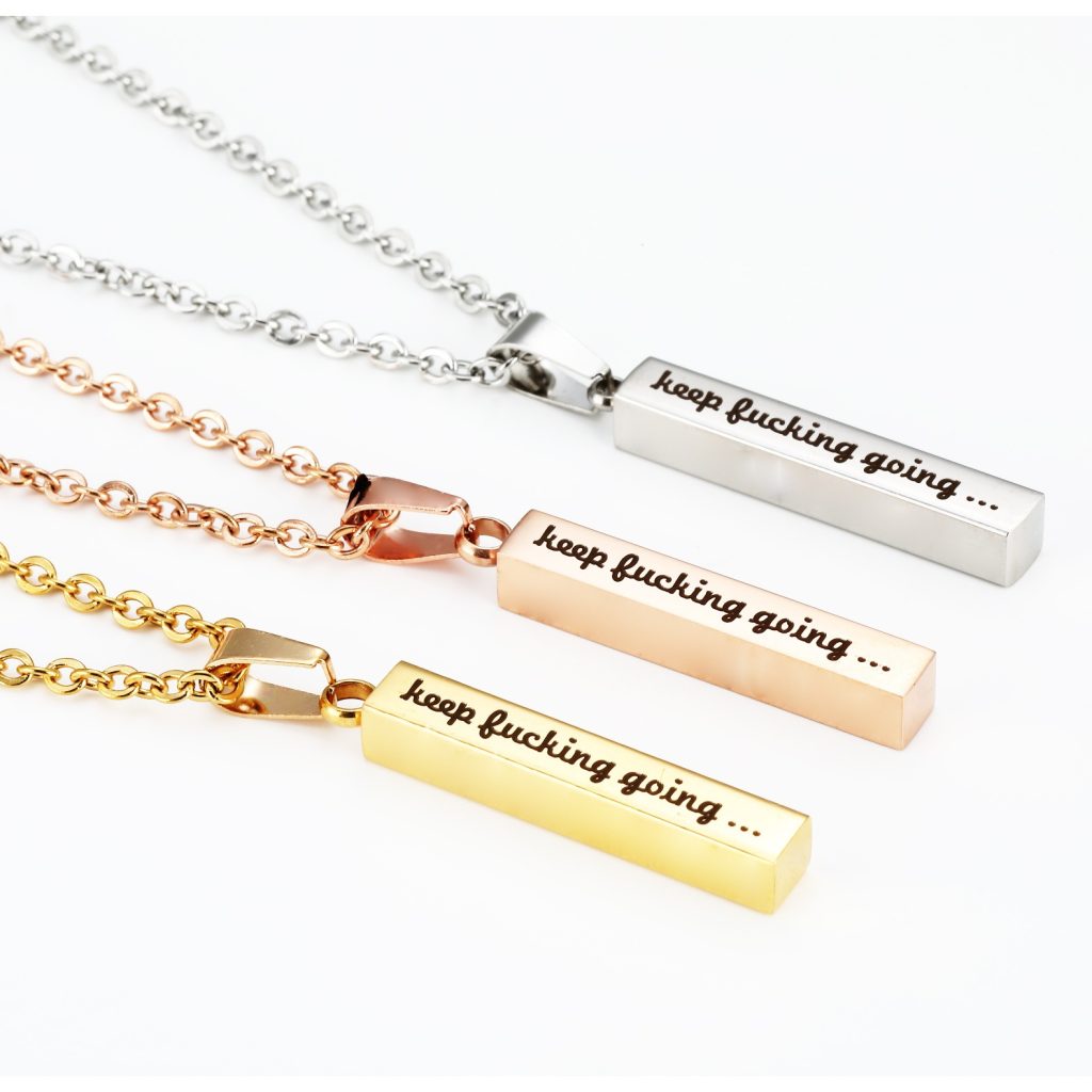 Engraved vertical bar necklace with an optional birthstone on a bamboo link chain
