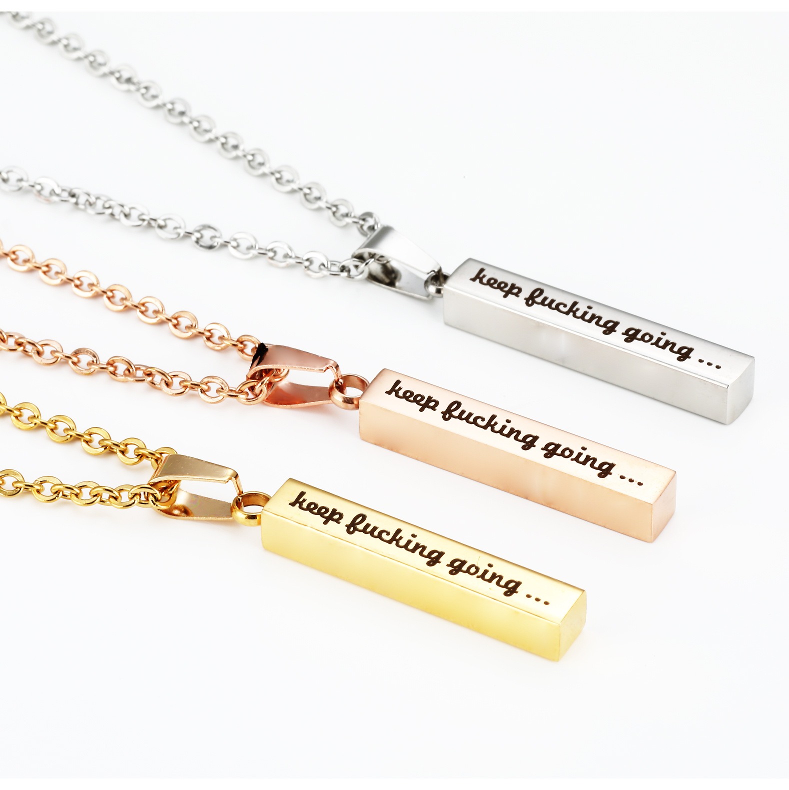 Engraved vertical bar necklace with an optional birthstone on a bamboo link chain