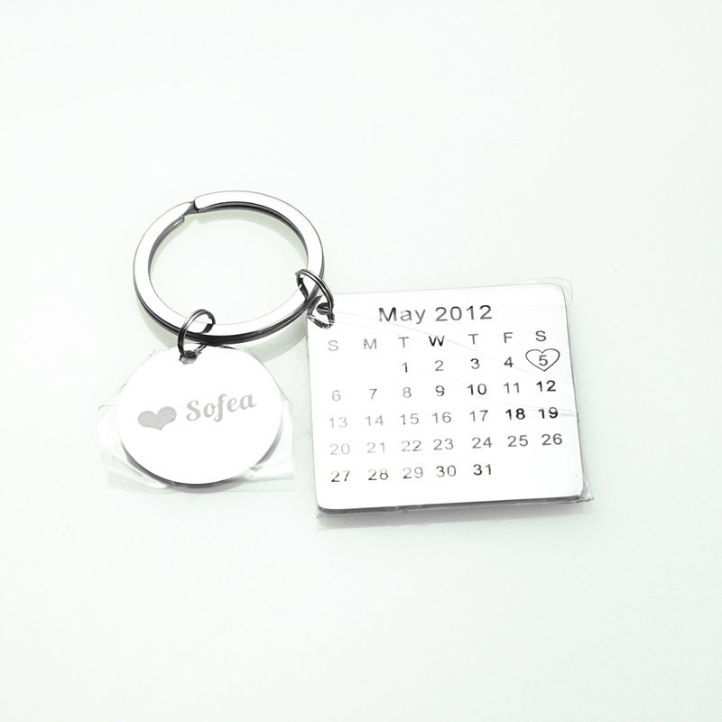 Engraved stainless steel keychain with a birthstone and a heart accent