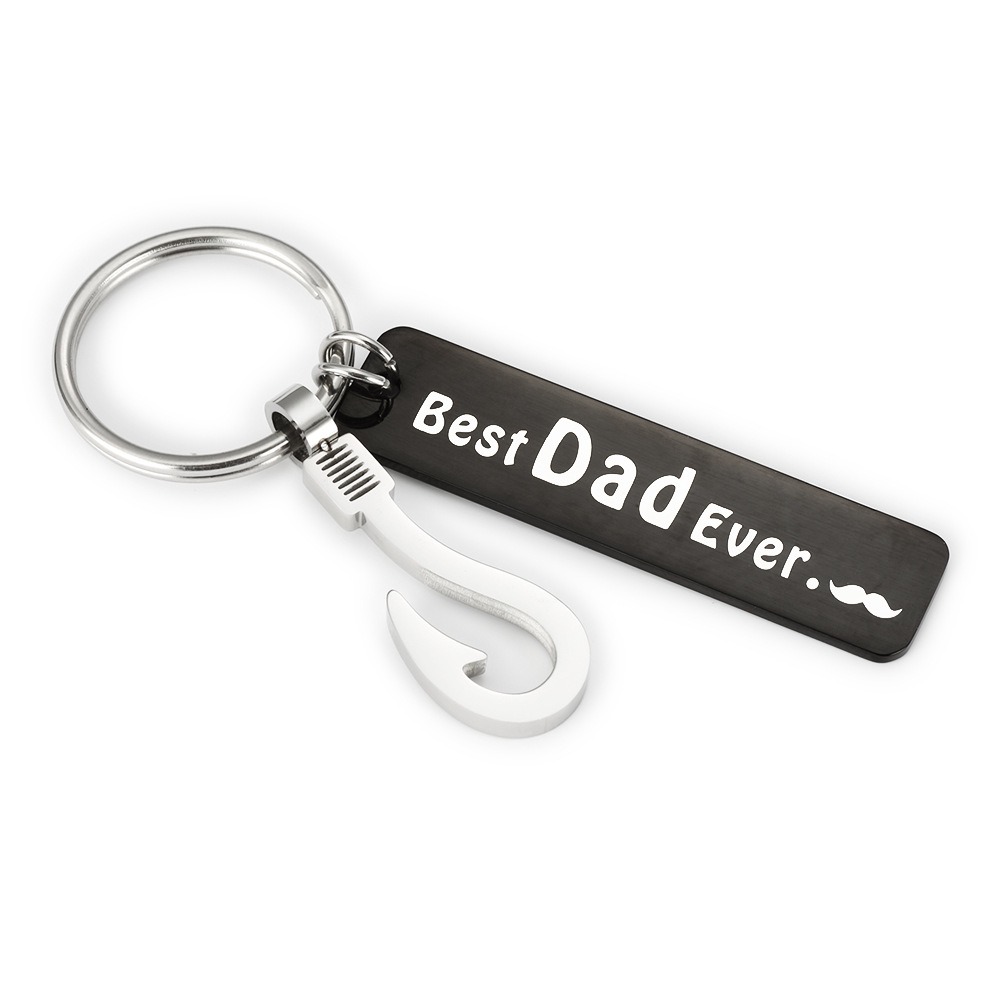 Stainless steel fish hook keychain with a black engraved pendant and birthstone charm