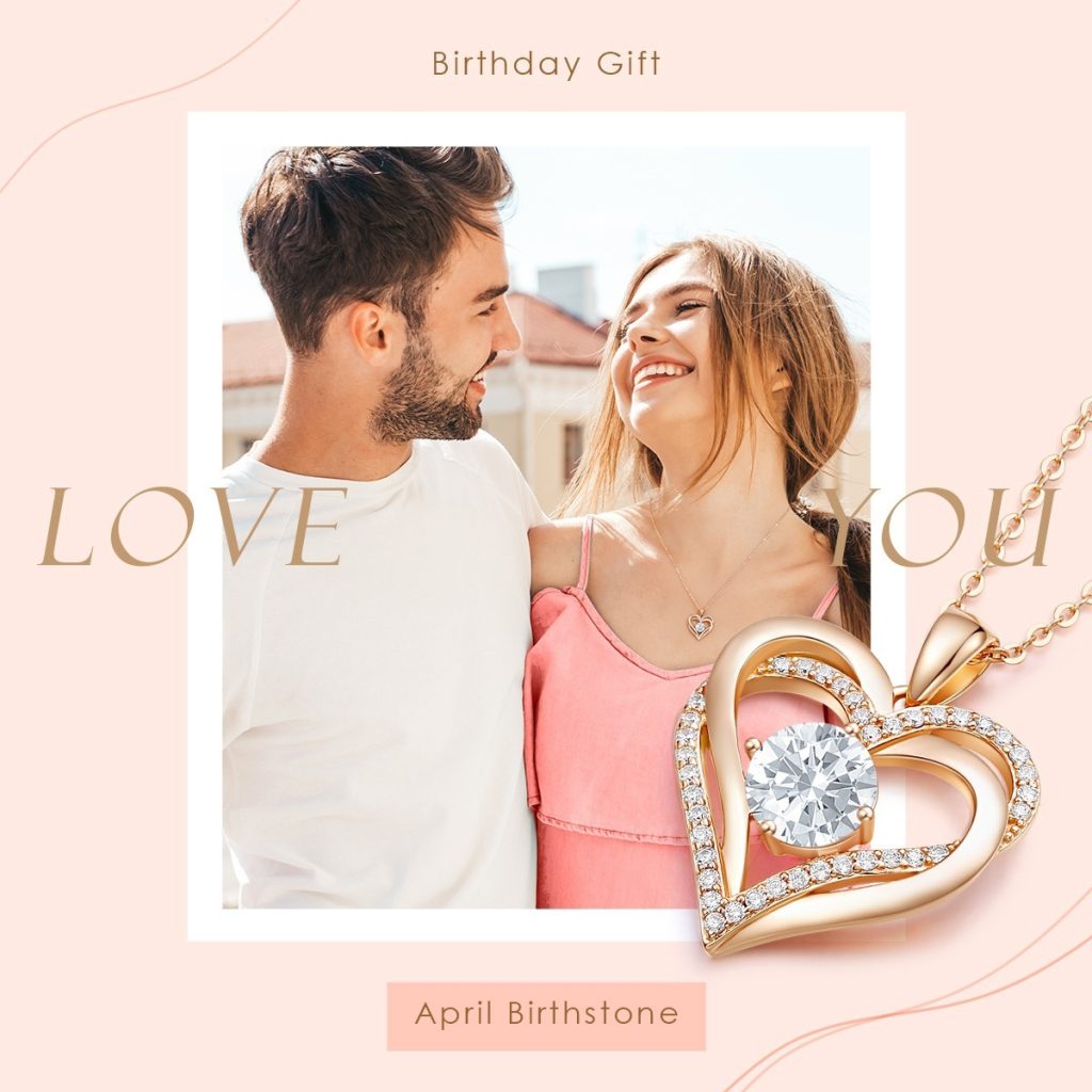 Engraved eternity heart pendant necklace with birthstone accent and cubic zirconia stones