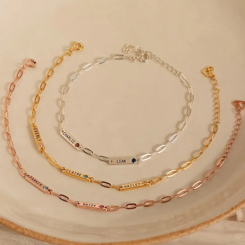 Stainless steel name bar bracelet with birthstone and single-line engraving