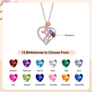 Rose-detailed heart pendant necklace with single-line engraving and birthstone accent on stainless steel chain — Silver Tone, Birthstone, Rose