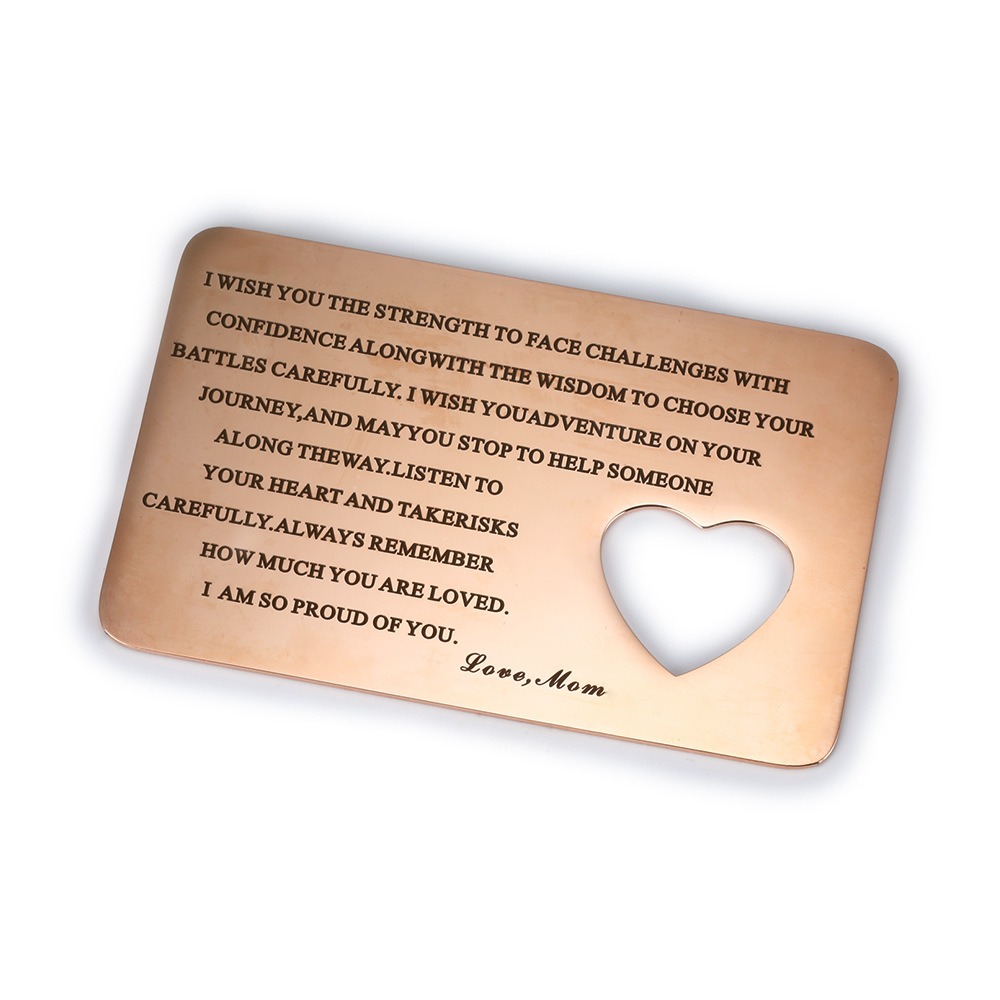 Personalized photo wallet card in stainless steel with a heart cutout and a printed photo