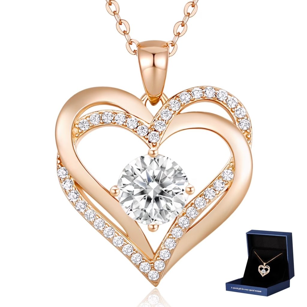 Engraved eternity heart pendant necklace with birthstone accent and cubic zirconia stones