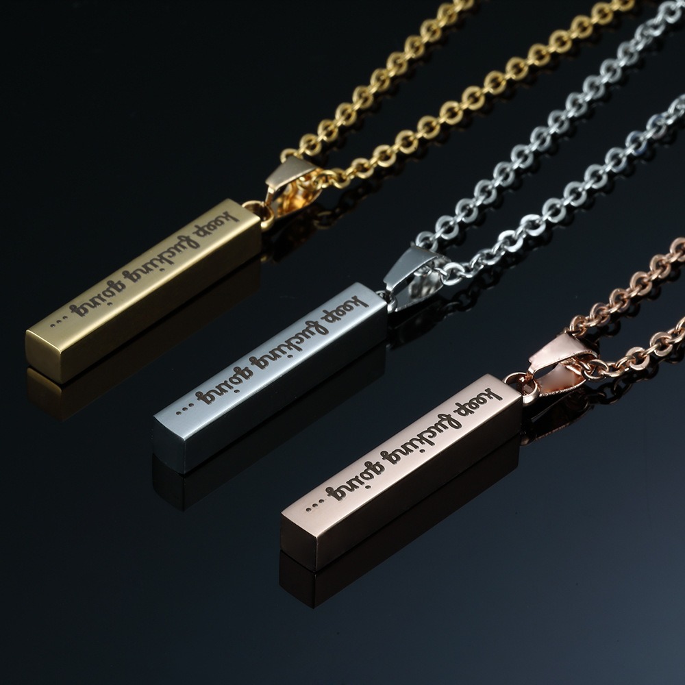 Engraved vertical bar necklace with an optional birthstone on a bamboo link chain