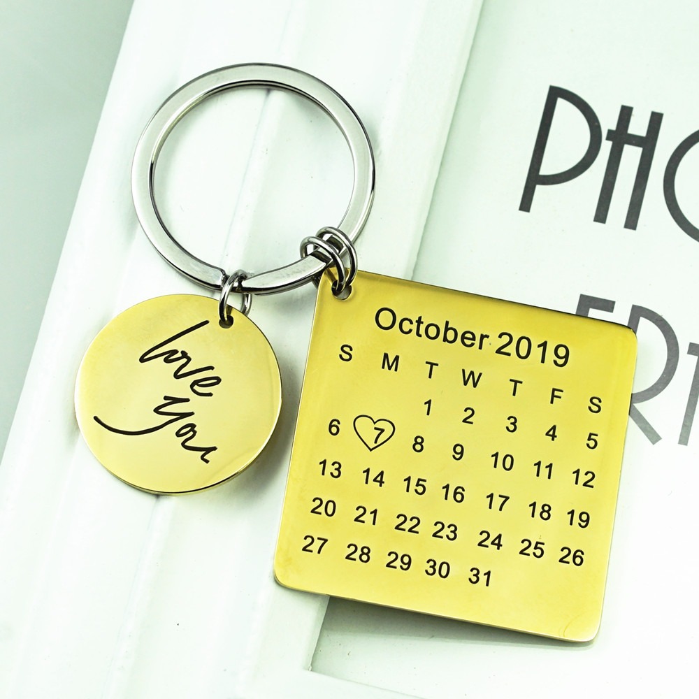 Engraved stainless steel keychain with a birthstone and a heart accent — Gold Tone