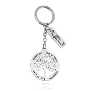 Steel life tree keychain with a single line of engraved text and one birthstone charm — Silver Tone