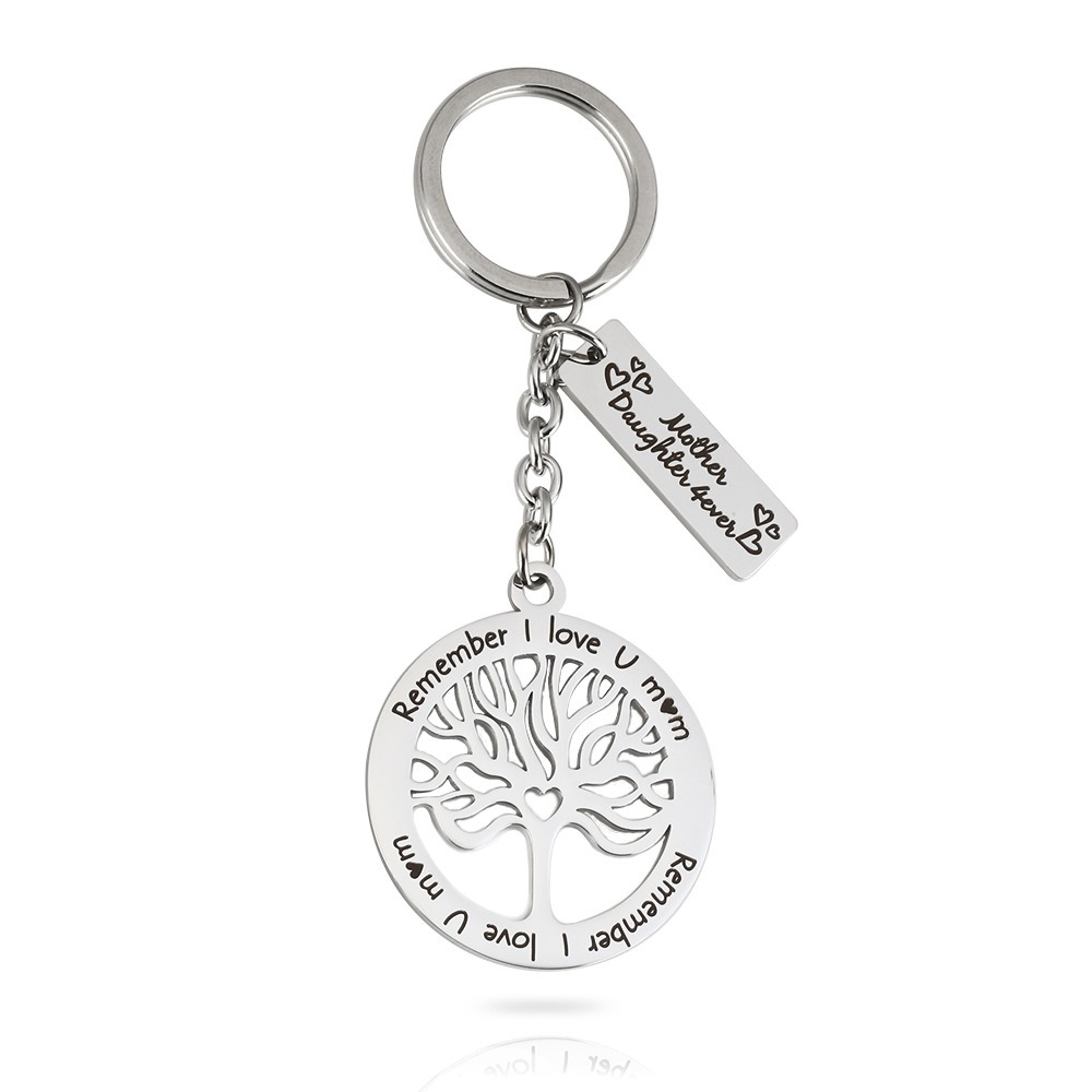 Steel life tree keychain with a single line of engraved text and one birthstone charm — Silver Tone