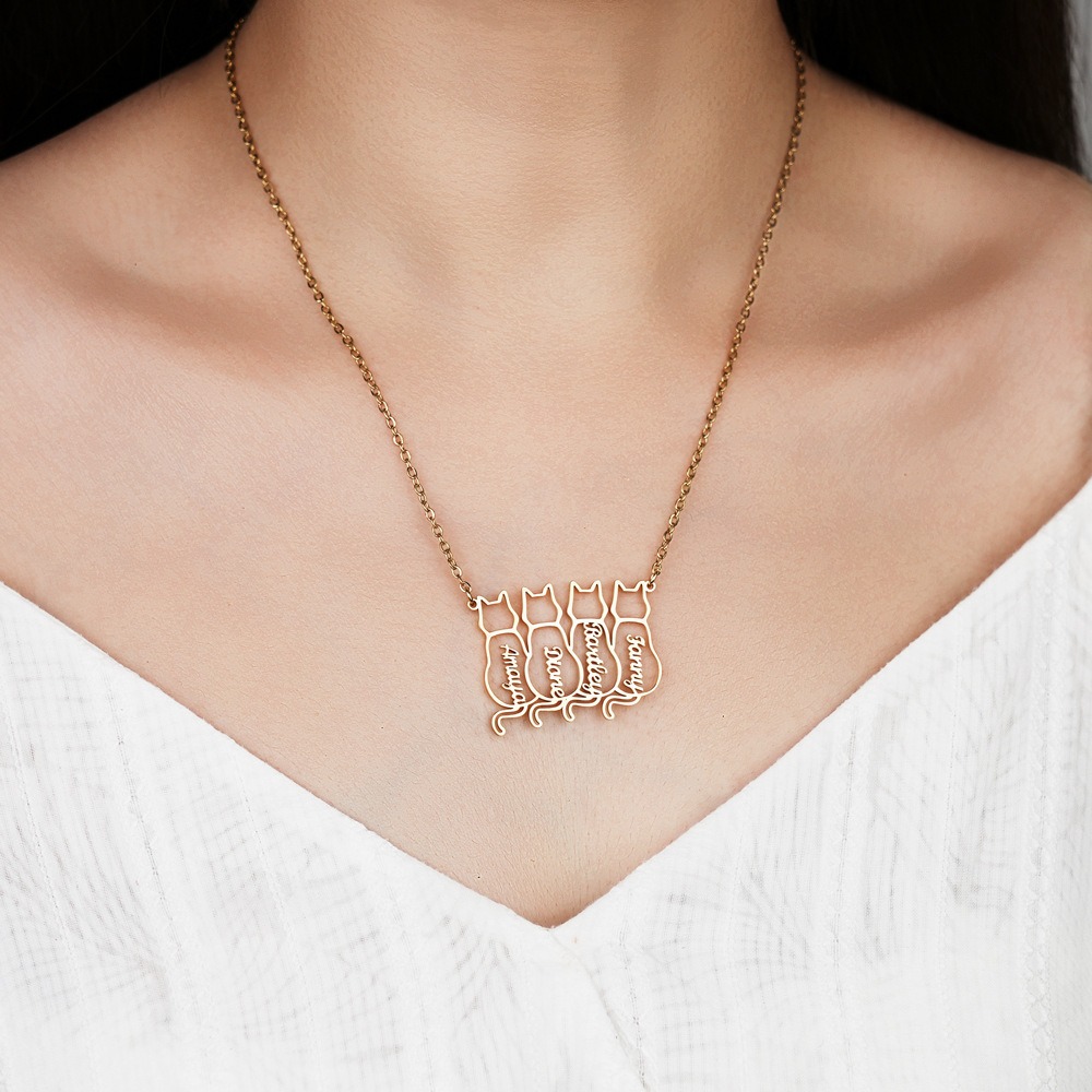 Engraved stainless steel pet name necklace with a small birthstone accent