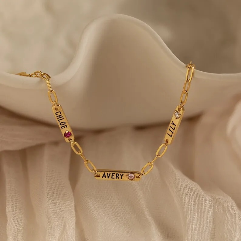 Stainless steel name bar bracelet with birthstone and single-line engraving