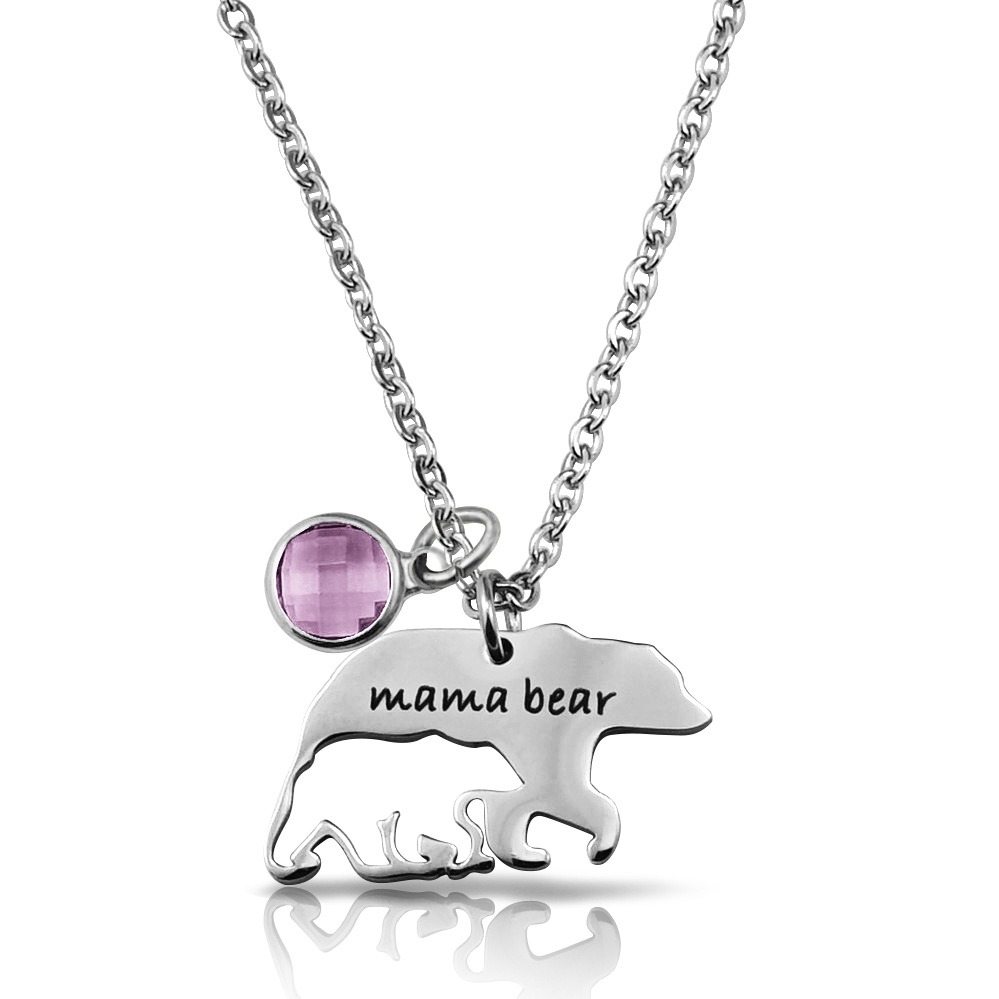 Hollow mama bear pendant necklace in stainless steel with a custom engraved name and birthstone accent