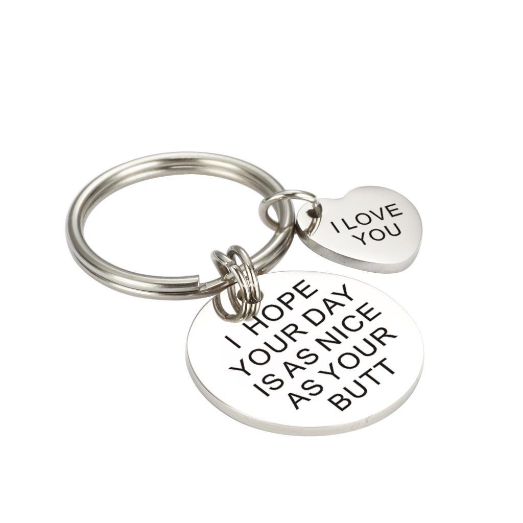 Stainless steel keychain with custom engraving and a birthstone charm
