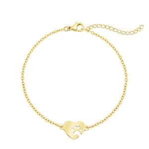 Stainless steel paw print bracelet with heart cutout, engraved name, and birthstone accent — Gold Tone, Paw Bracelet
