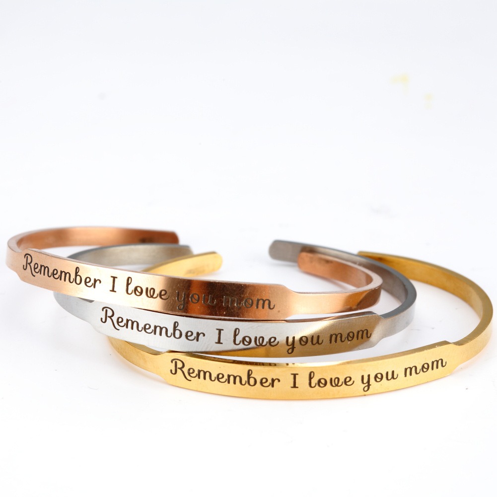 Custom engraved stainless steel C-shaped cuff bracelet with optional birthstone
