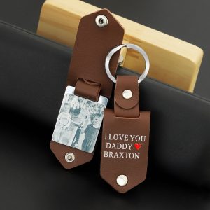 Square leather keychain printed with a personalized family photo and custom text