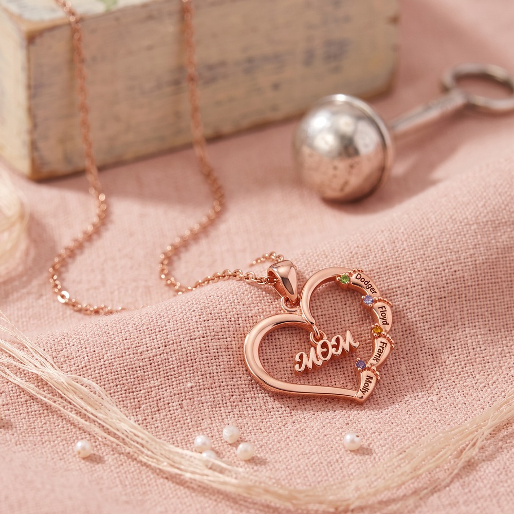 Baby feet necklace with a Grandma pendant, engraved name and birthstone on a stainless steel chain