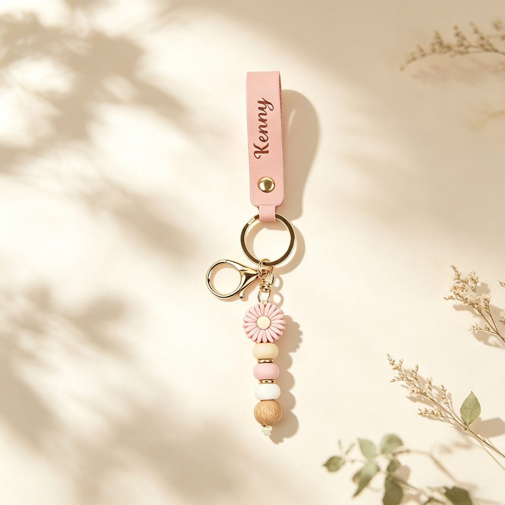 Personalized pink leather keychain with a daisy charm and an engraved name