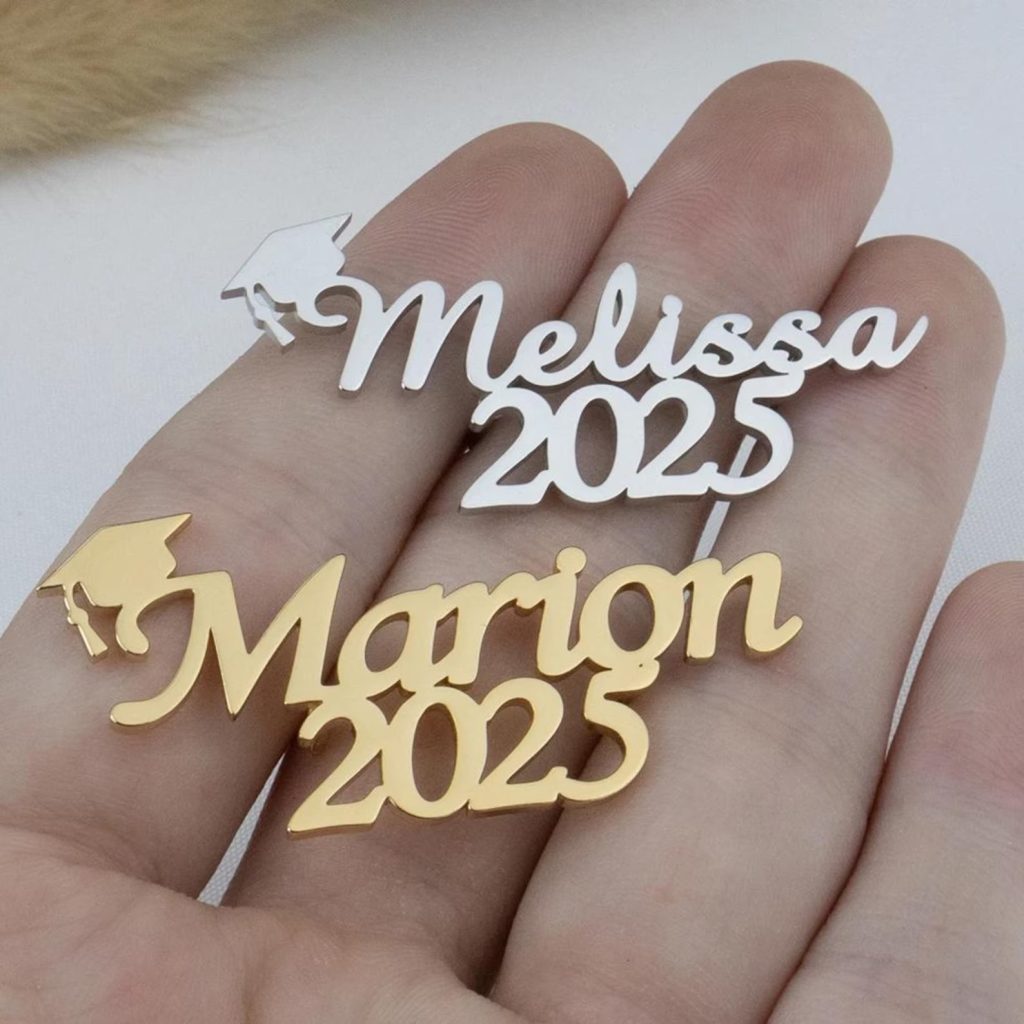 Stainless steel graduation cap brooch with custom name engraving and a birthstone accent