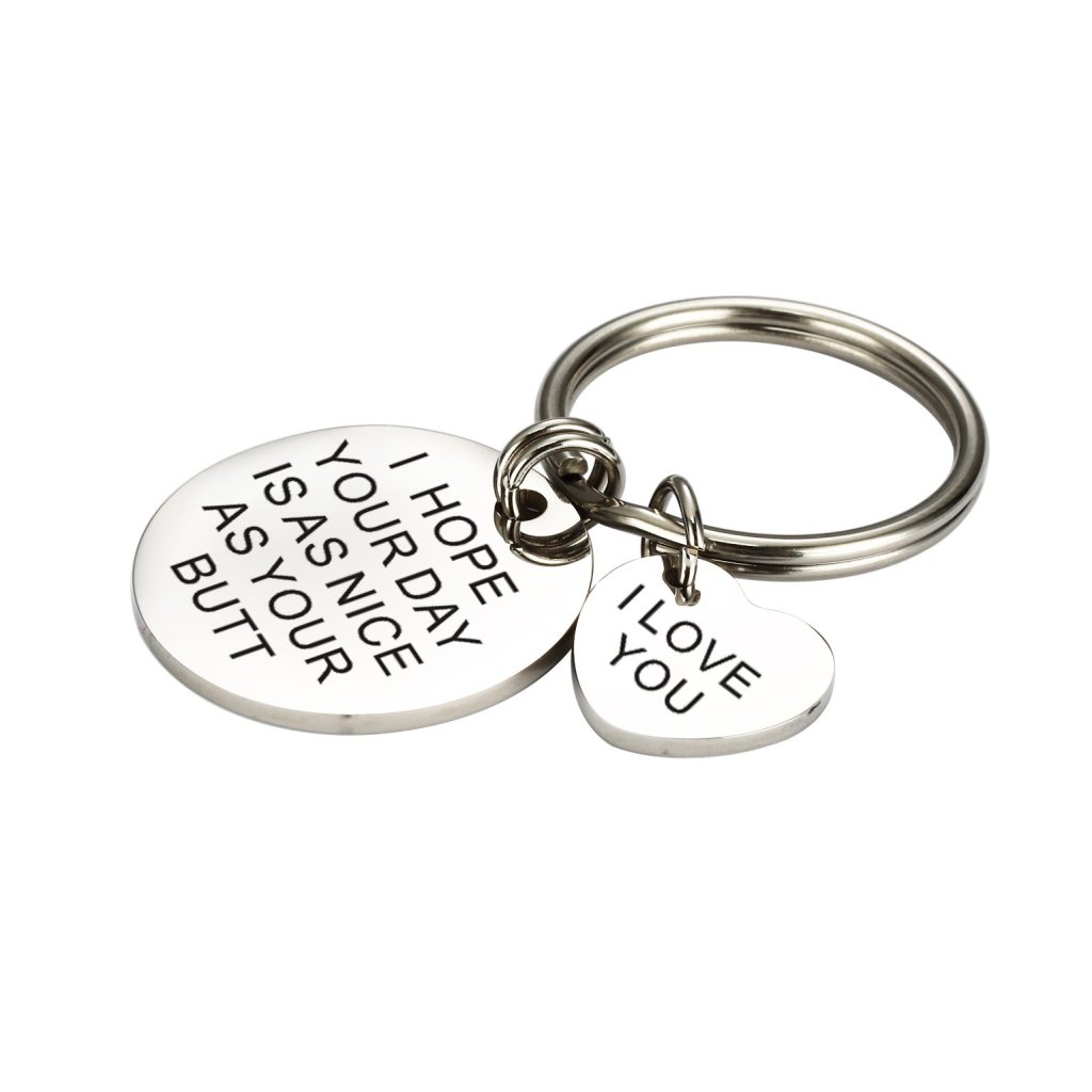 Stainless steel keychain with custom engraving and a birthstone charm