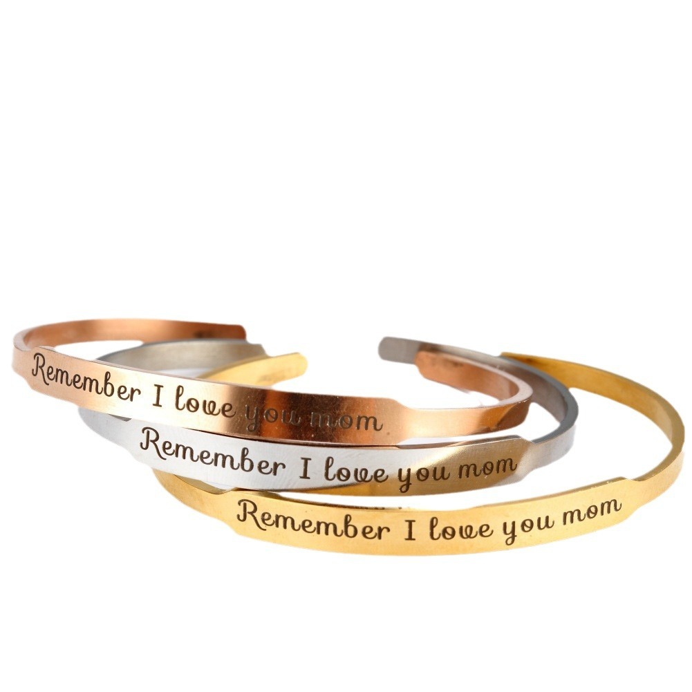 Custom engraved stainless steel C-shaped cuff bracelet with optional birthstone