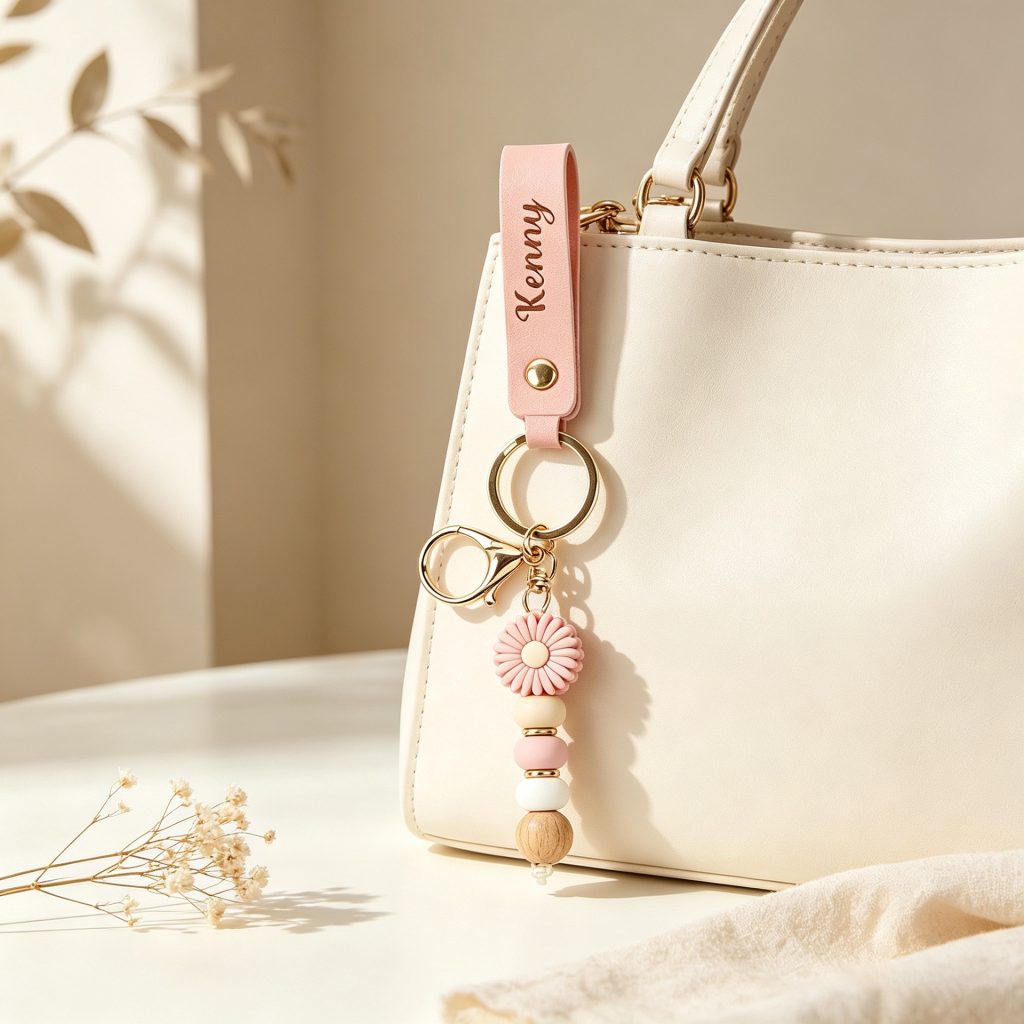 Personalized pink leather keychain with a daisy charm and an engraved name