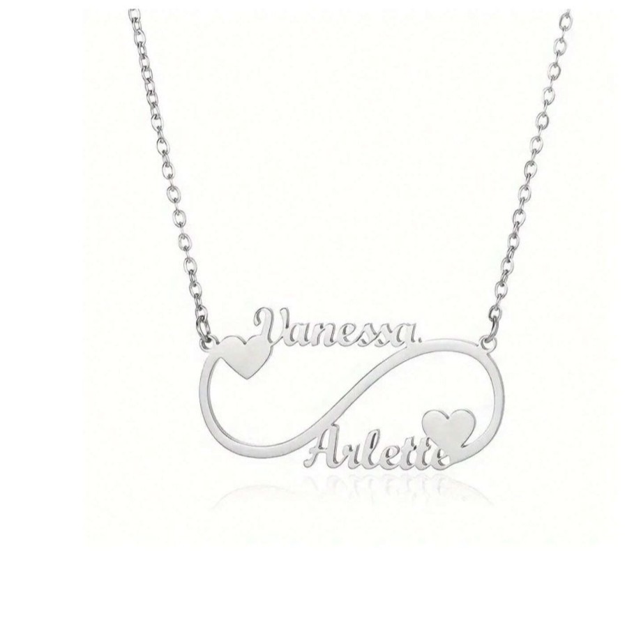 Open heart infinity pendant necklace with single-line engraving and tiny birthstone accent on a stainless steel O-link chain