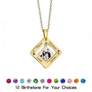 Diamond-shaped stainless steel necklace with a personalized photo, birthstone, and custom engraving — Gold Tone