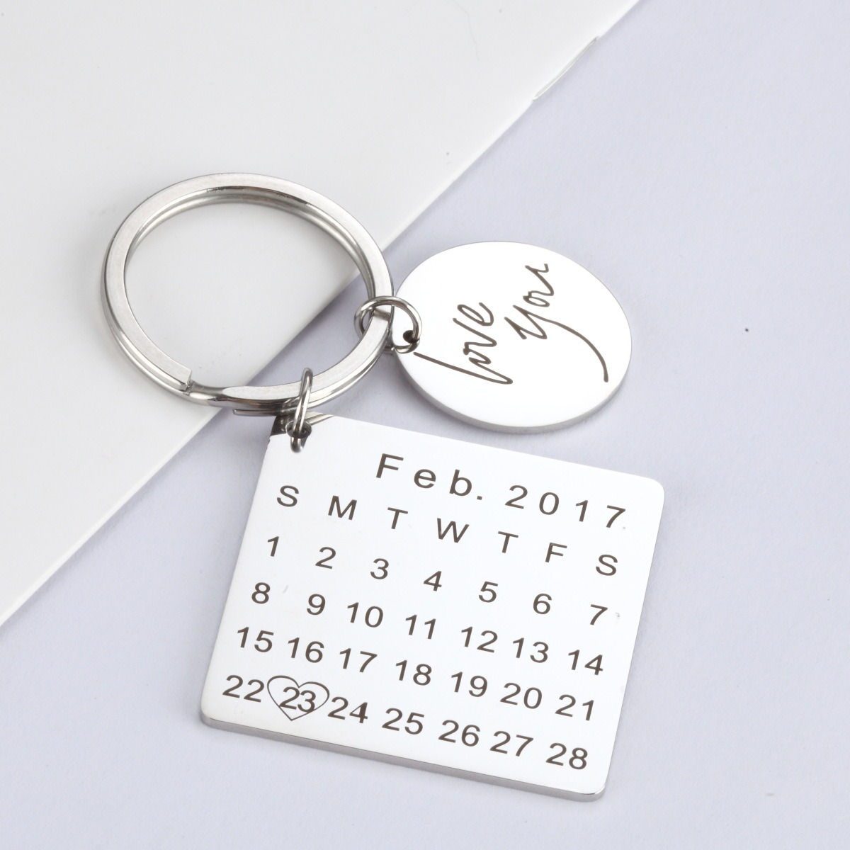 Engraved stainless steel keychain with a birthstone and a heart accent — Silver Tone, 40MM