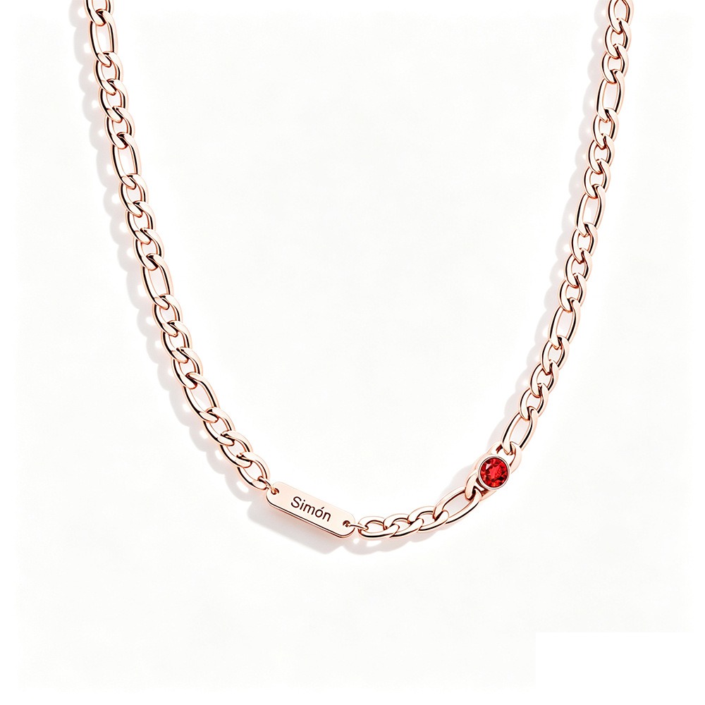 Stainless steel Cuban link necklace with a custom engraved name bar and a single birthstone charm — Rose Gold Tone